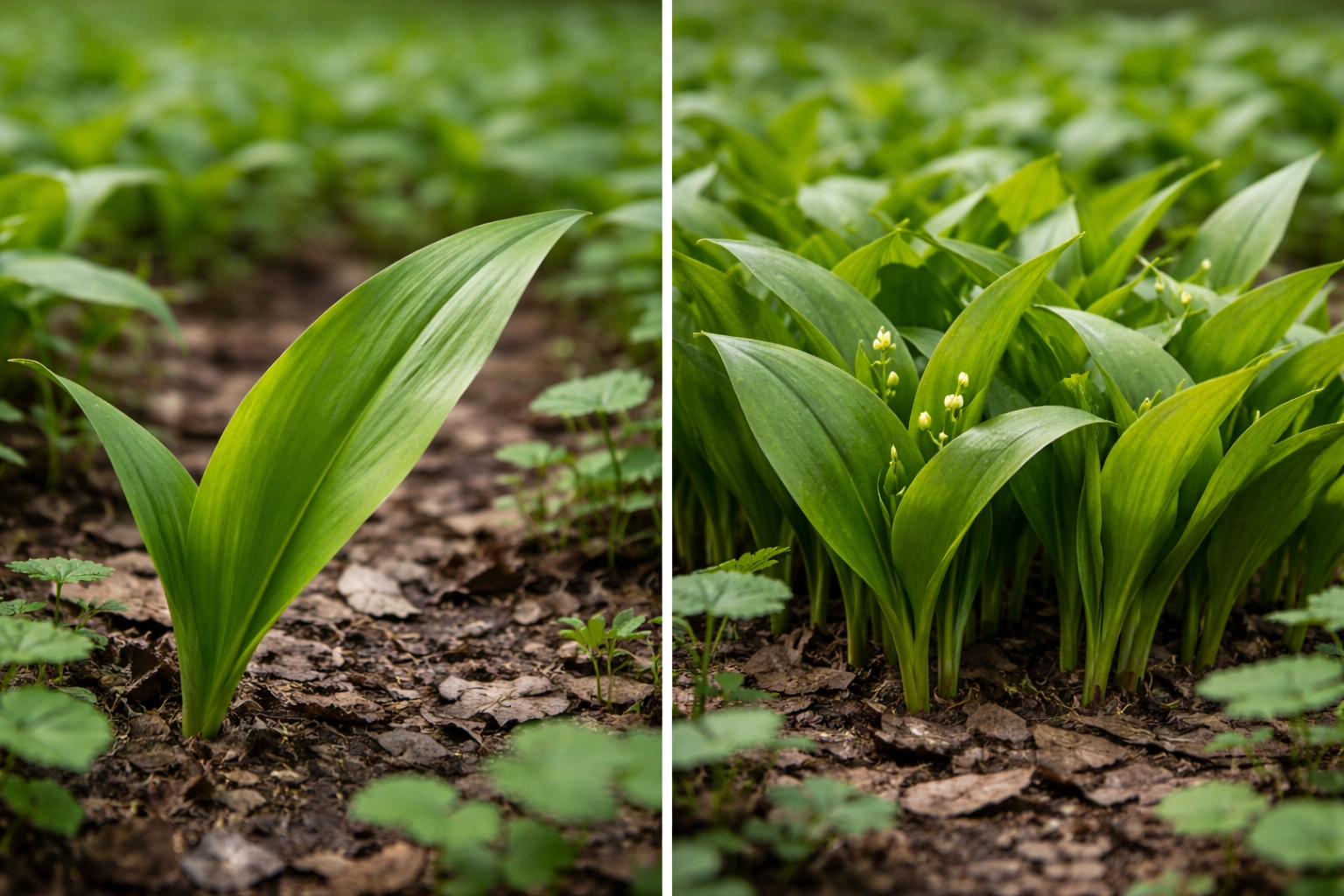 Srovnání růstového habitusu medvědího česneku (individuální listy) a&nbsp;konvalinky (trsovitý růst).