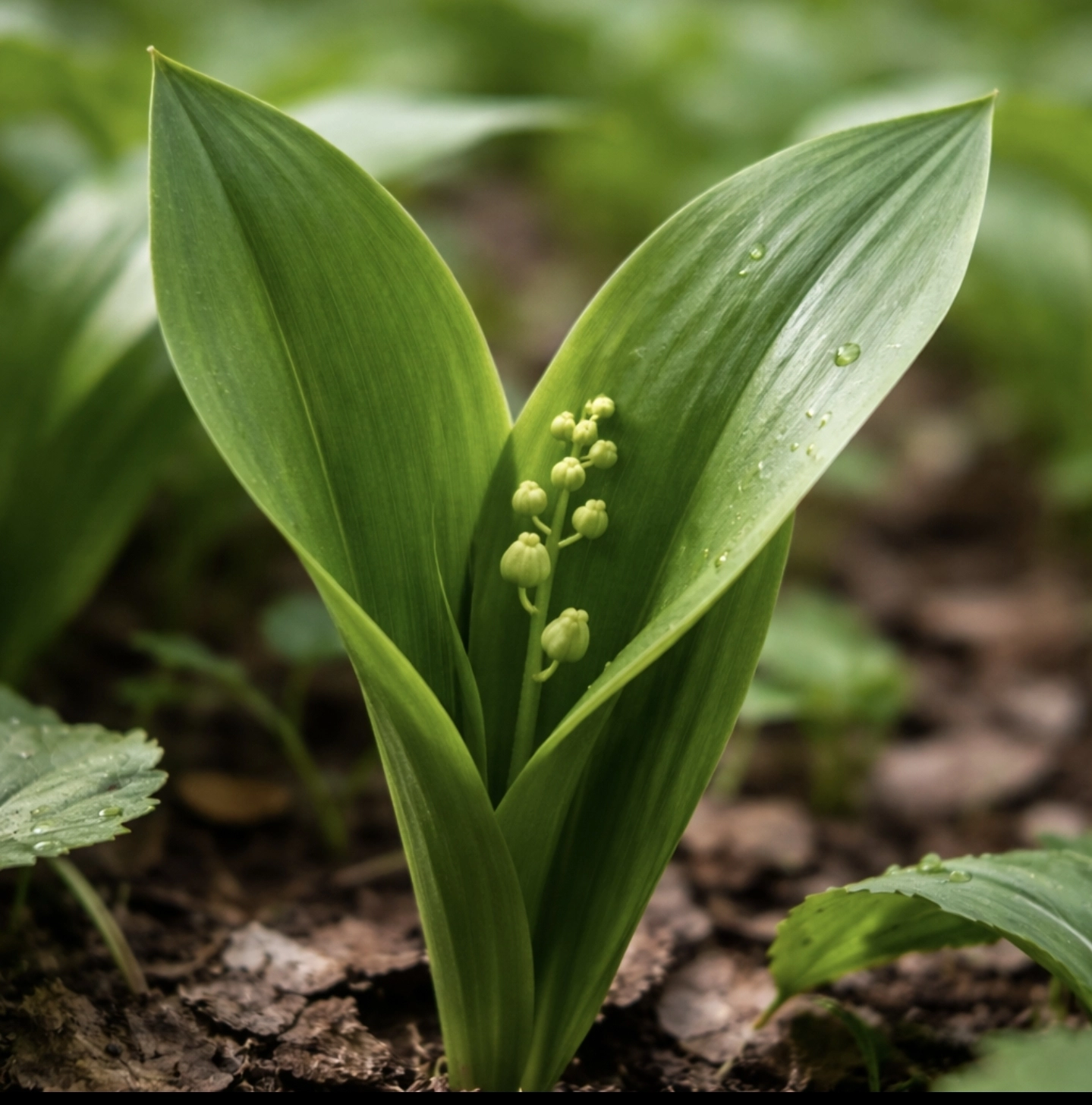 Detail listu konvalinky před&nbsp;květem.